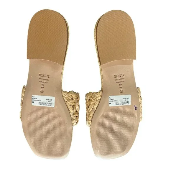 Schutz Nude Raffia Ayla Slide Sandals Leather-Sole Womens Size 8 NEW - Picture 6 of 10